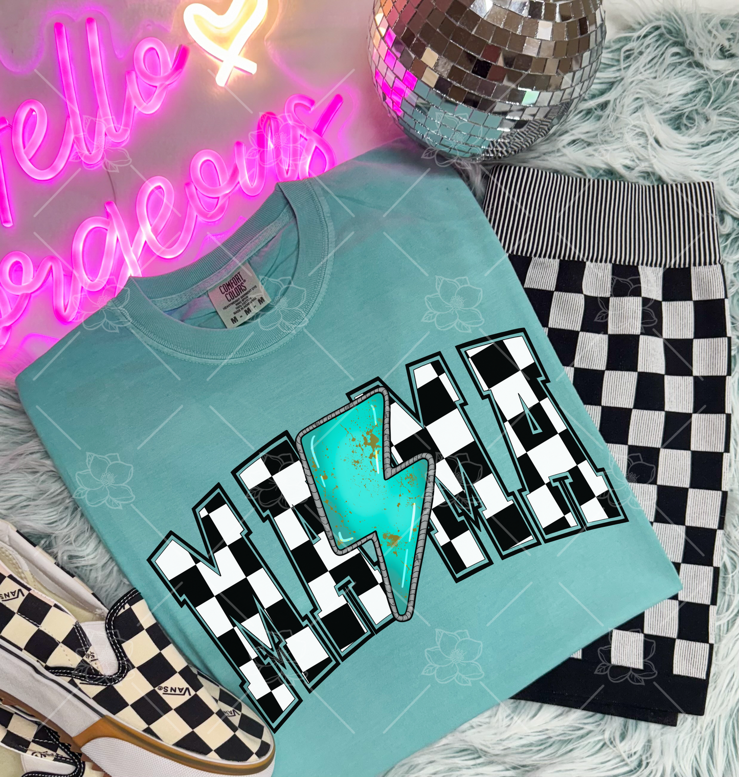 Mama Checkered Turquoise Bolt- Multiple Sizes