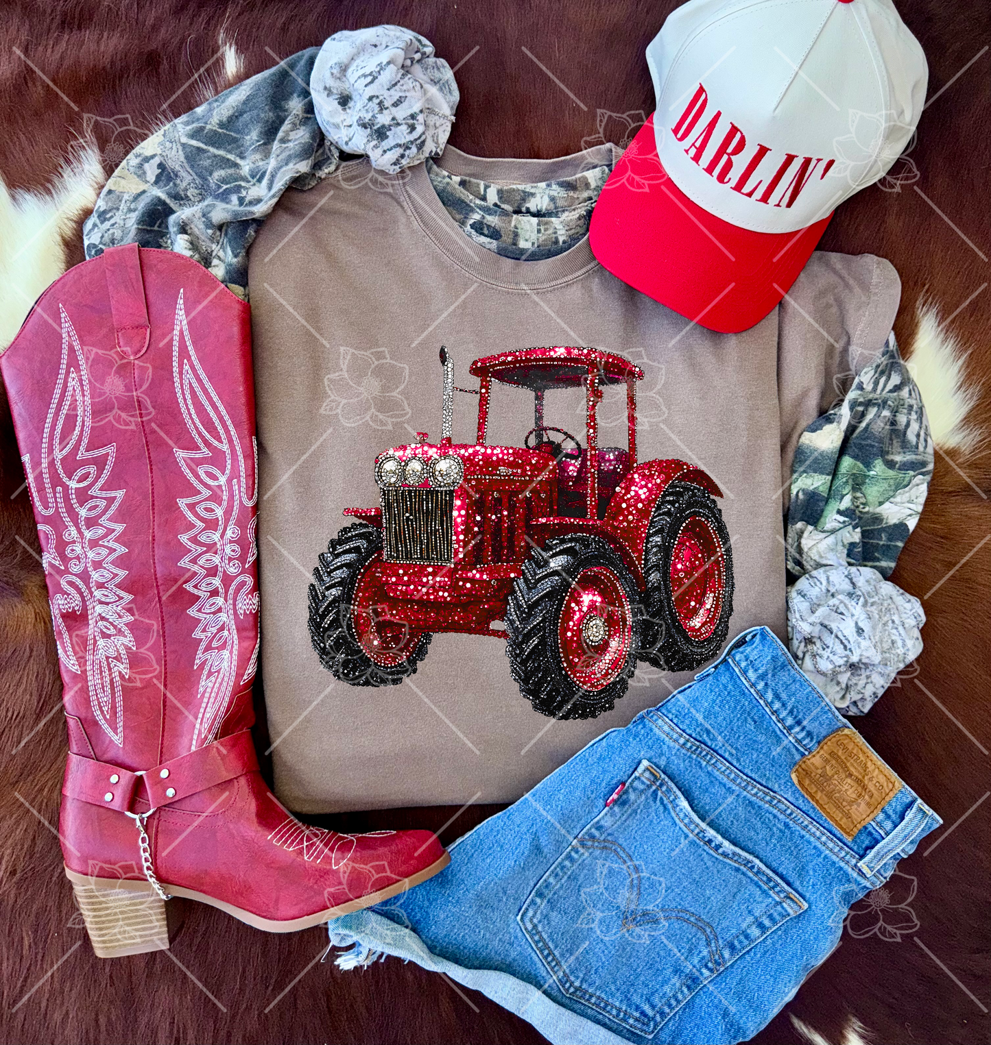 FAUX Red Rhinestone Tractor- Multiple Sizes