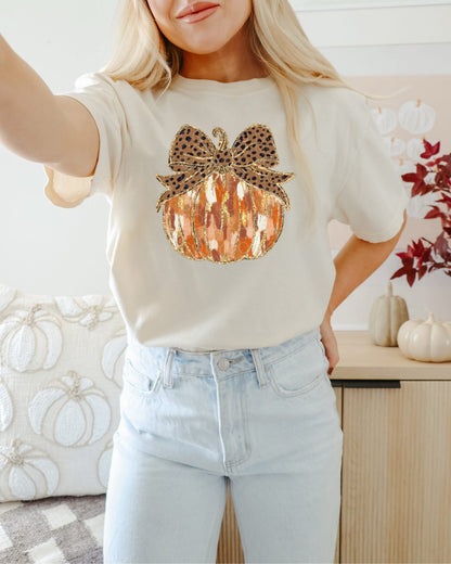 Brushstroke Pumpkin With Leopard Bow - Multiple Sizes
