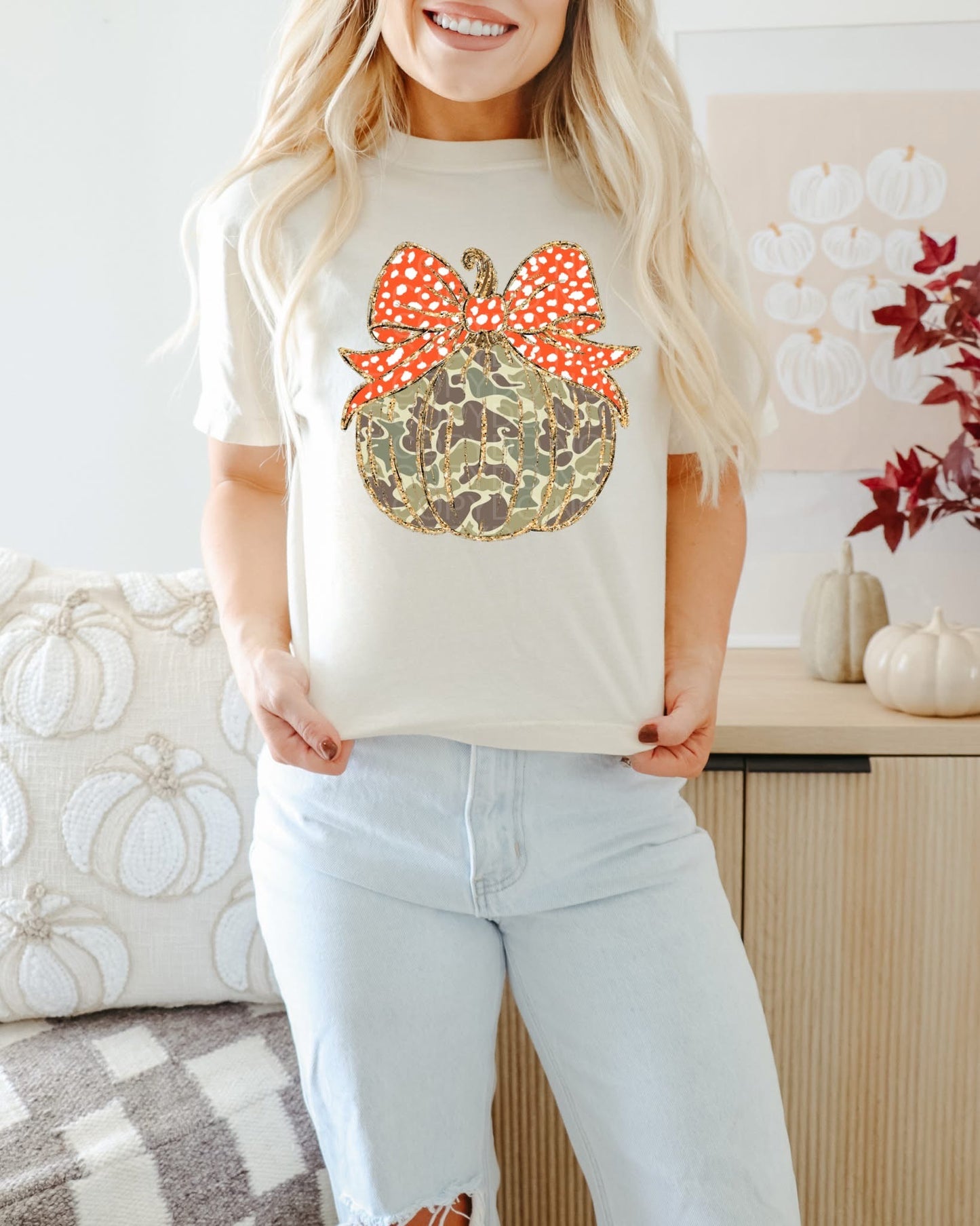 Camo Pumpkin With Orange Bow - Multiple Sizes