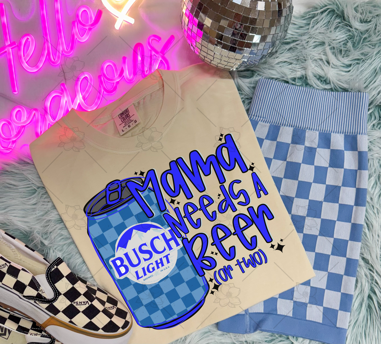 Mama needs a beer blue check- Multiple Sizes/Drinks